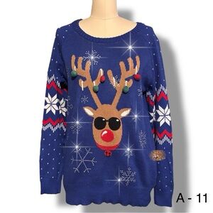 Ugly Christmas Sweater Rhinestone Blizzard Royal Blue Sz L Reindeer Snowflakes